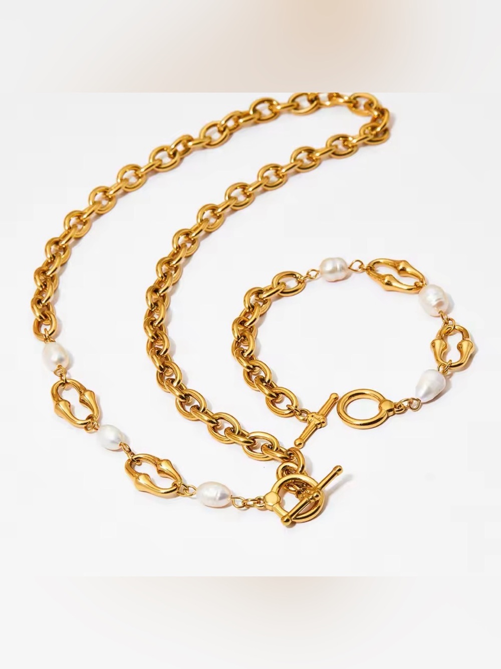 Stainless Steel Gold Pearl Link Necklace and Bracelet Set